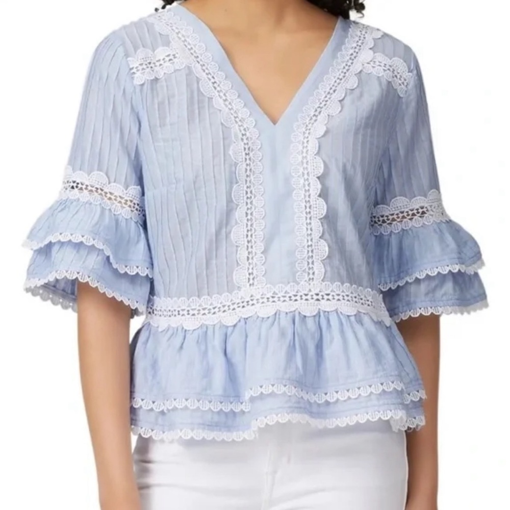 JCREW Light Blue White Lace Trim 3/4 Tiered Sleeve Peplum Silhouette Size Small